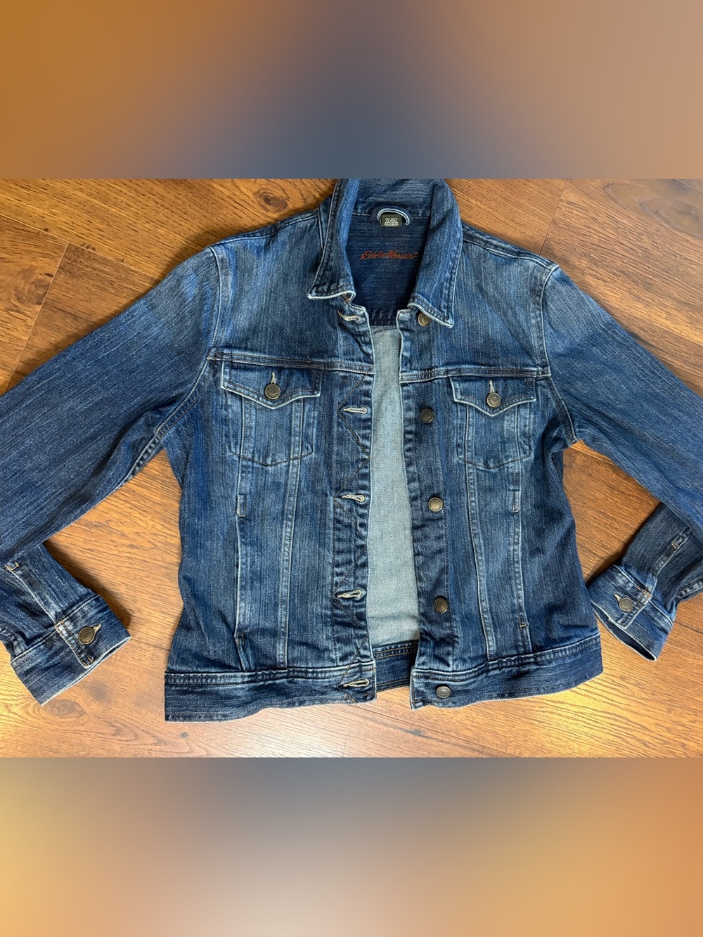 Eddie Bauer Dark Blue Denim Jacket with Orange Script Logo